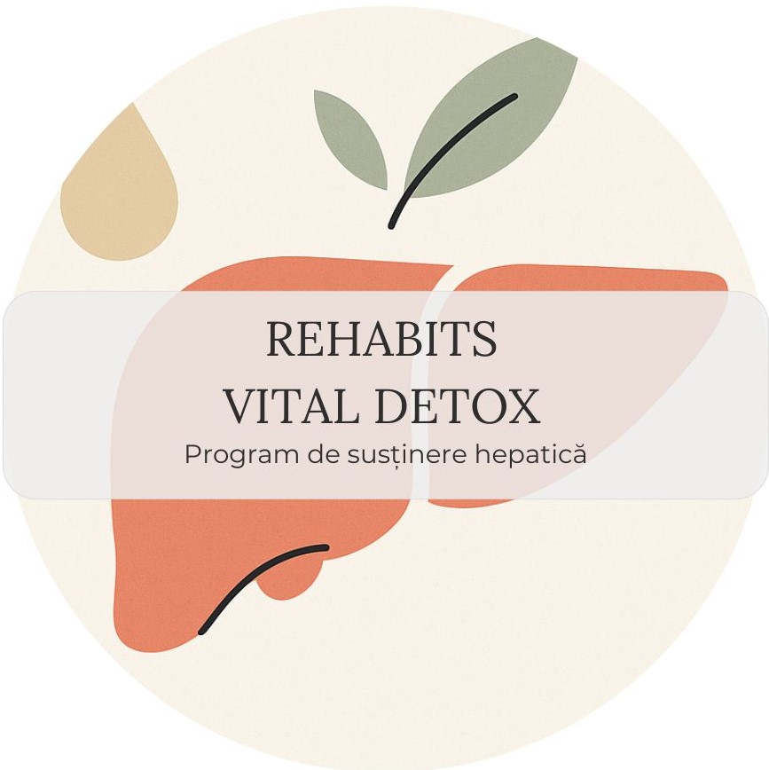 Ilustrație stilizată a unui ficat în nuanțe calde, alături de o picătură galbenă și două frunze verzi — simbol al sănătății și detoxifierii naturale.