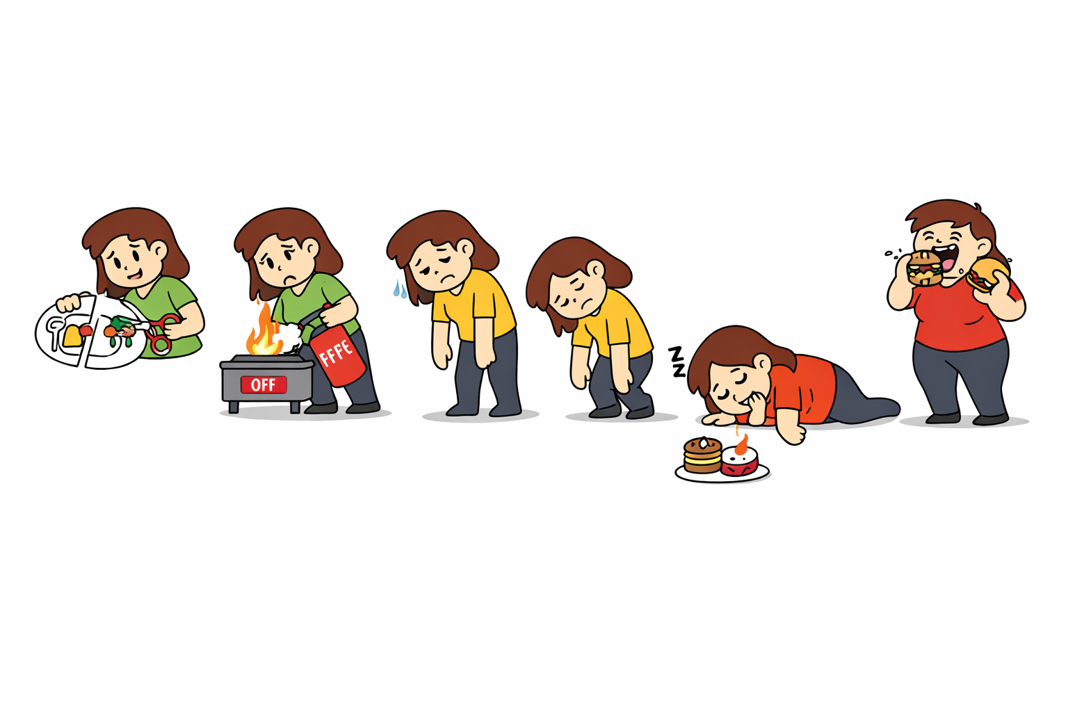 Șase etape ale adaptării corpului la deficit caloric: femeie taie farfurie, stinge focul metabolismului, obosită aproape că pică, căzută pe jos, salivează după prăjituri, infulecă prăjituri. Fundal alb, stil minimalist.
